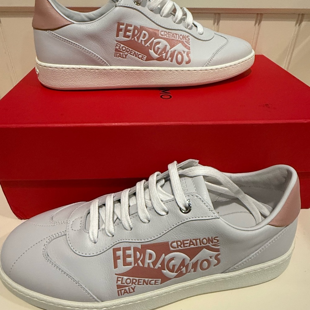 Salvatore Ferragamo White and Pink Logo Sneakers